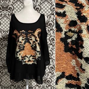 VINTAGE 🐯 Sequin Tiger sleeveless tank loose fit semi sheer top | Sz M